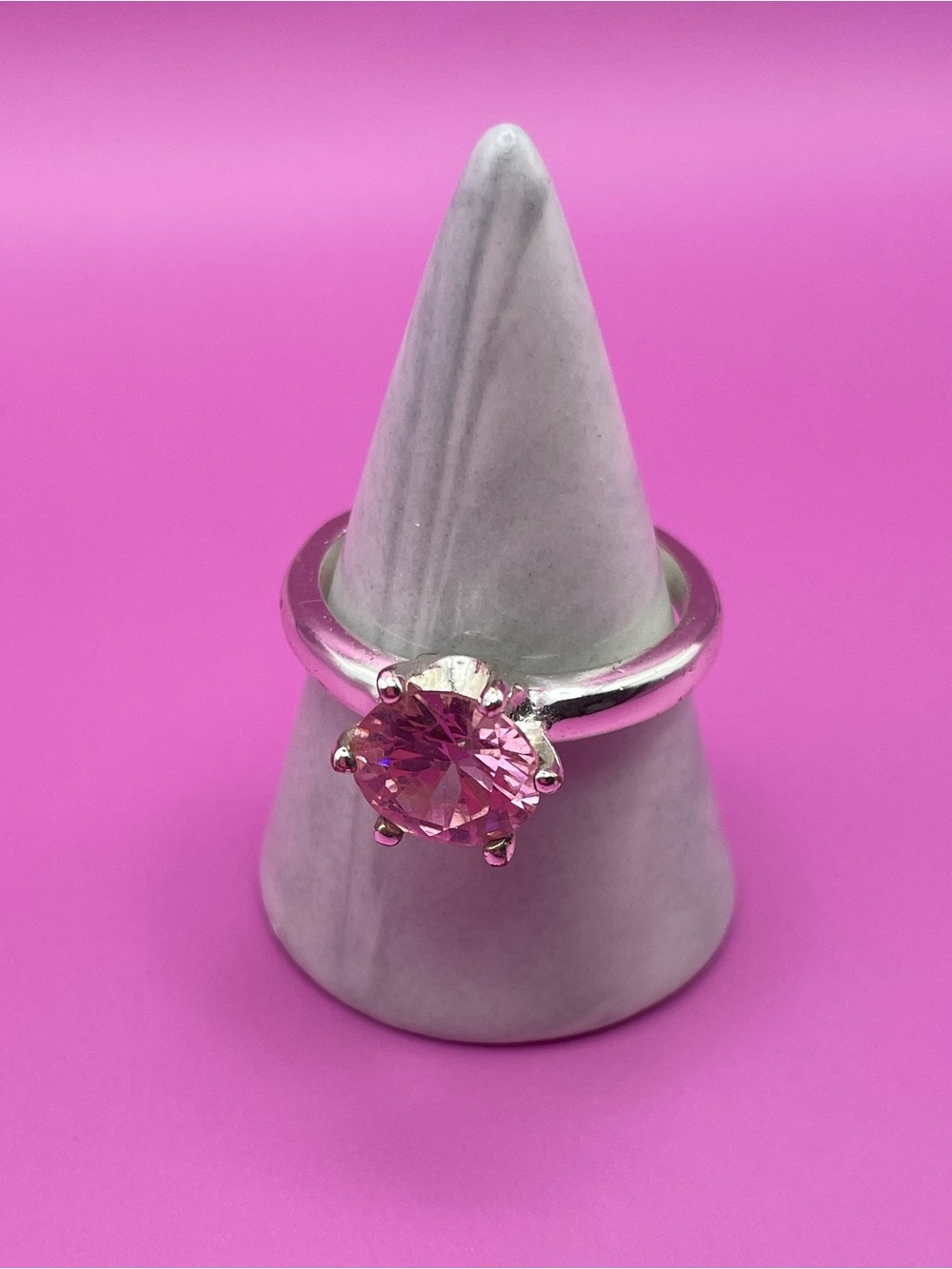 Abrand Pink Crystal Solitaire Ring in Silver Tone for a PLUS SIZE HAND ✨